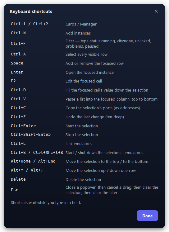 The Keyboard shortcuts list.