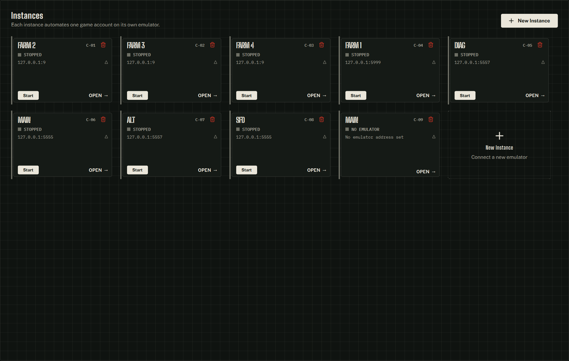 The Instances page — one card per account.