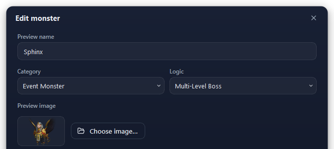 The top of the monster window: name, category, logic and picture.
