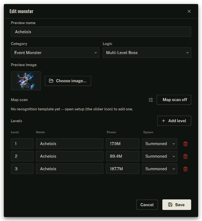 Add or edit a monster: preview name, category, logic, a preview image, and the level rows.