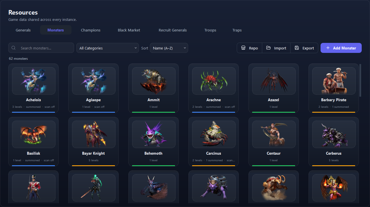 Resources ▸ Monsters: one card for each boss.