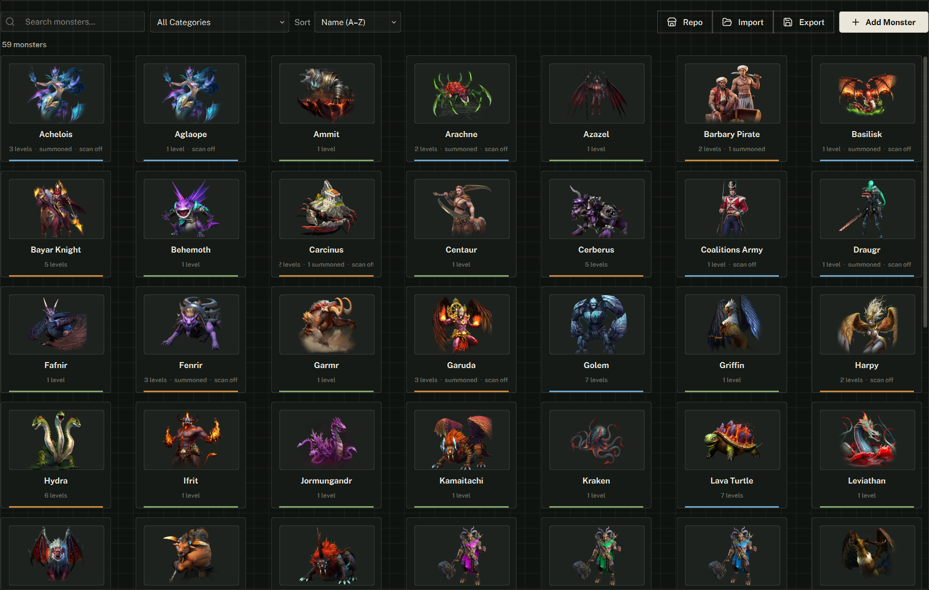 The Monster library: a search, a category filter and a sort on the left; Repo, Import and Export plus Add Monster on the right; a card per boss.
