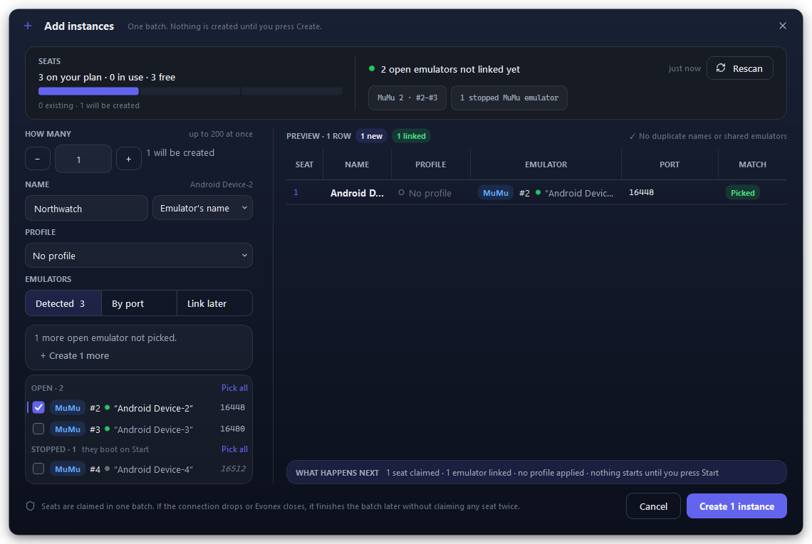 Add instances, creating one instance linked to a detected MuMu Player window.