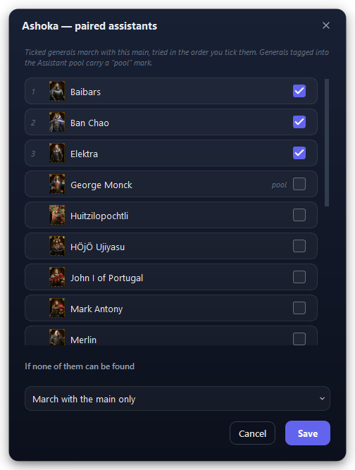 The pairing window for one main. The numbers show the order Evonex tries the assistants in.