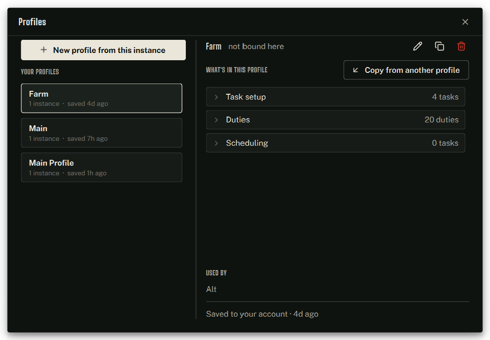 The Profiles dialog — your profiles on the left, and on the right what the selected one holds, who follows it, and whether this instance is one of them.