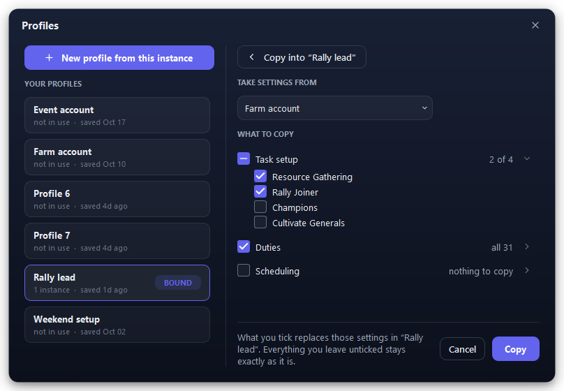 The copy page, with settings taken from Farm account into Rally lead.