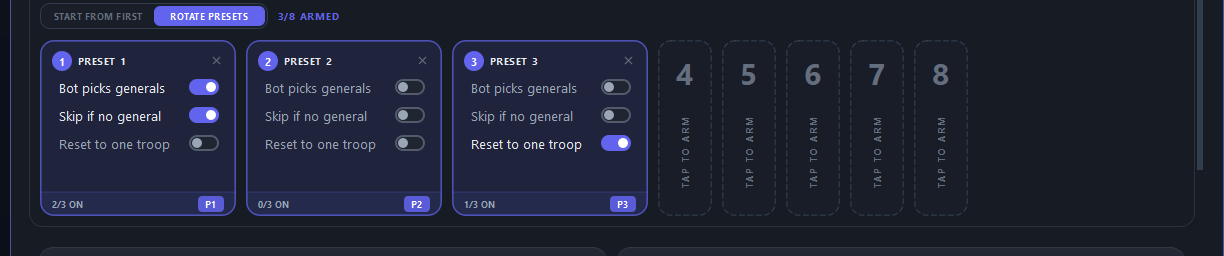 The preset cards. Armed cards show their options; parked cards wait to be tapped.