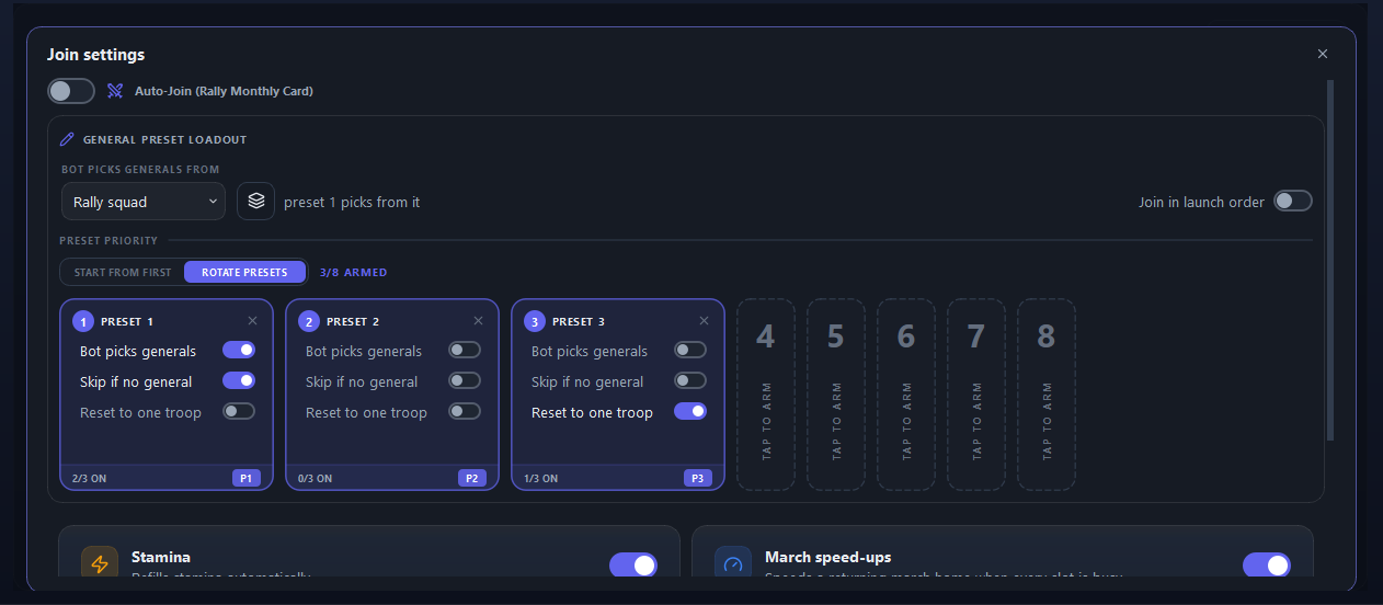 Join settings: Auto-Join at the top, then the general preset loadout.