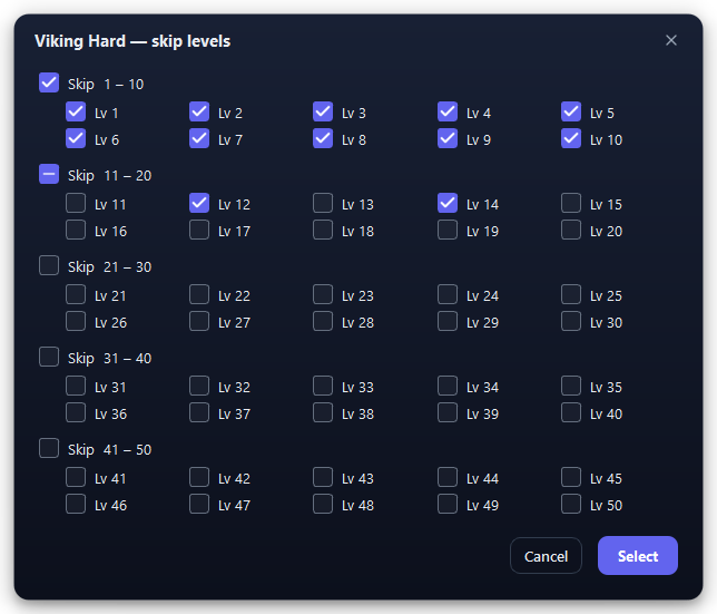 The levels window for Viking Hard. Tick a band to skip its ten levels, or tick single levels.