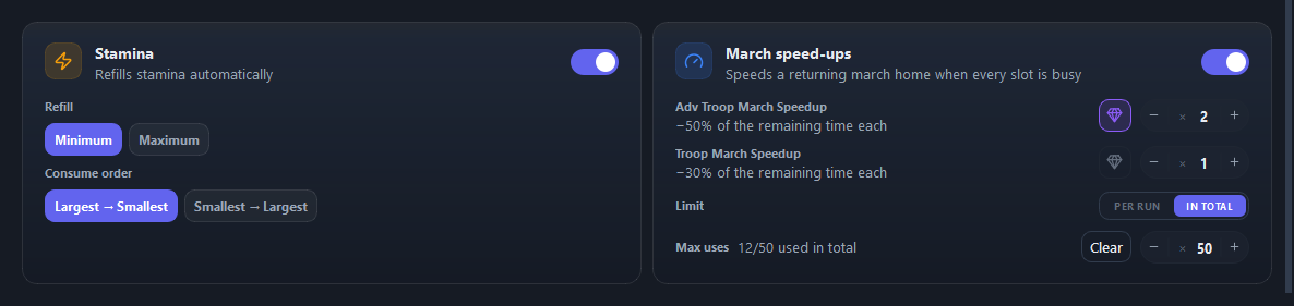 Stamina and March speed-ups, at the bottom of Join settings.