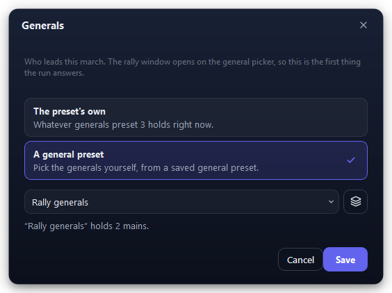 The Generals window: keep the preset's generals, or pick a saved general preset.