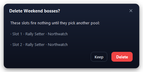 Deleting a pool asks first and names the slots that would be left without one.