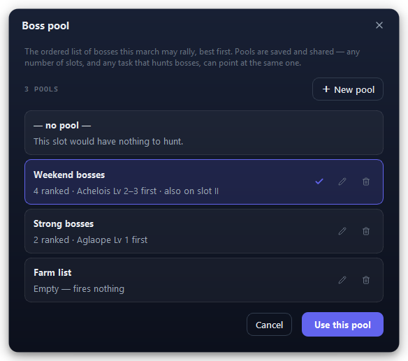 The Boss pool window: pick a pool for this slot, or make one.