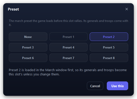 The Preset window: None, or one of the game's eight march presets.