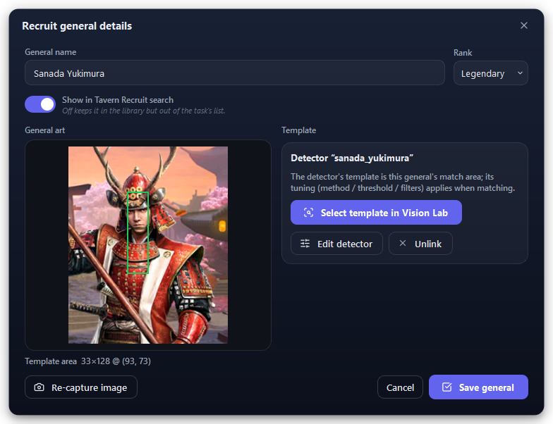 Step two: the general’s details.