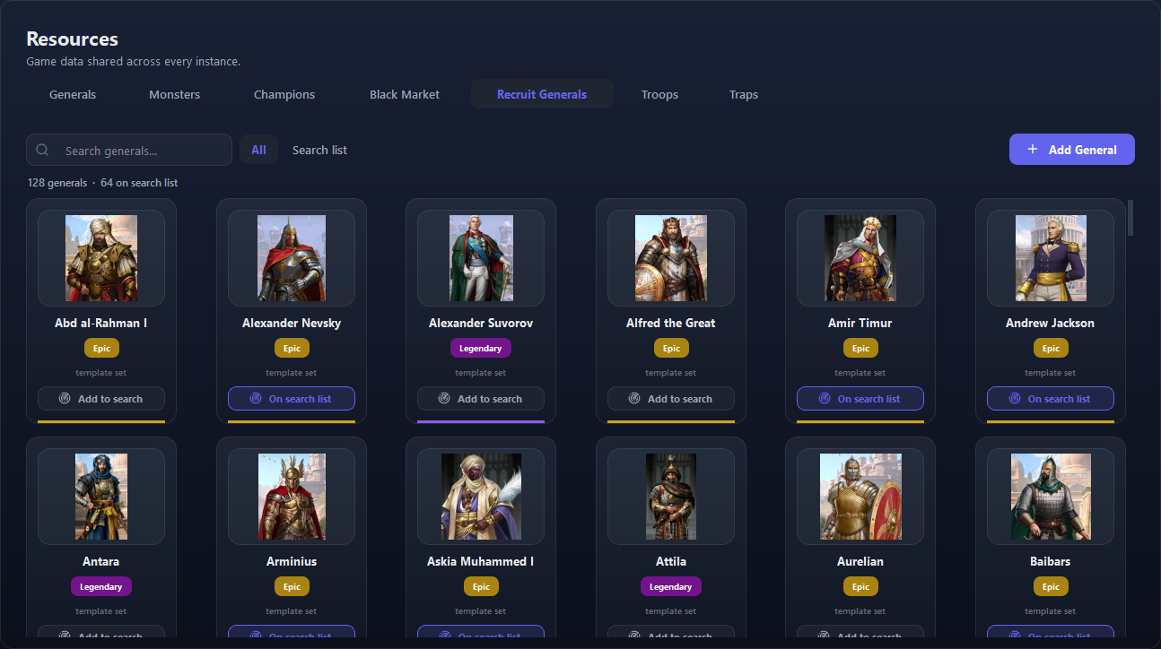Resources ▸ Recruit Generals. Some cards are on the search list and some are not.