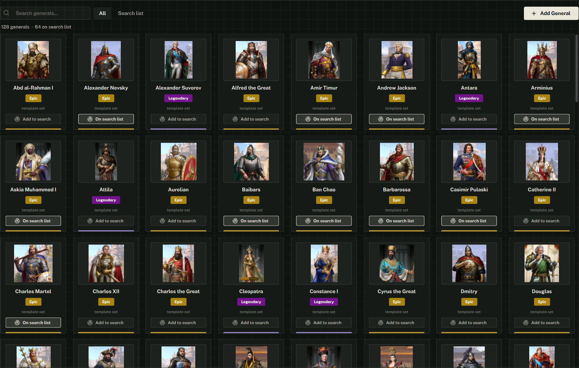 The Recruit Generals library: a search, an All / Search list filter, and Add General; each card shows the art, a rank badge and a search toggle.
