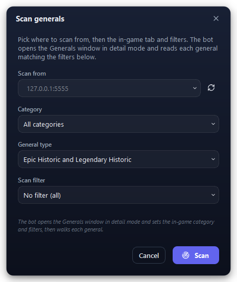 The scan window. The defaults read every Epic and Legendary general.