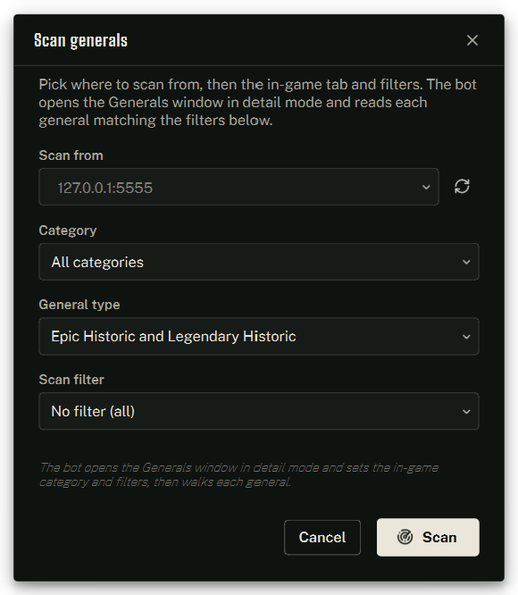 The Scan generals dialog — where to scan from, plus the in-game tab and filters to read under.