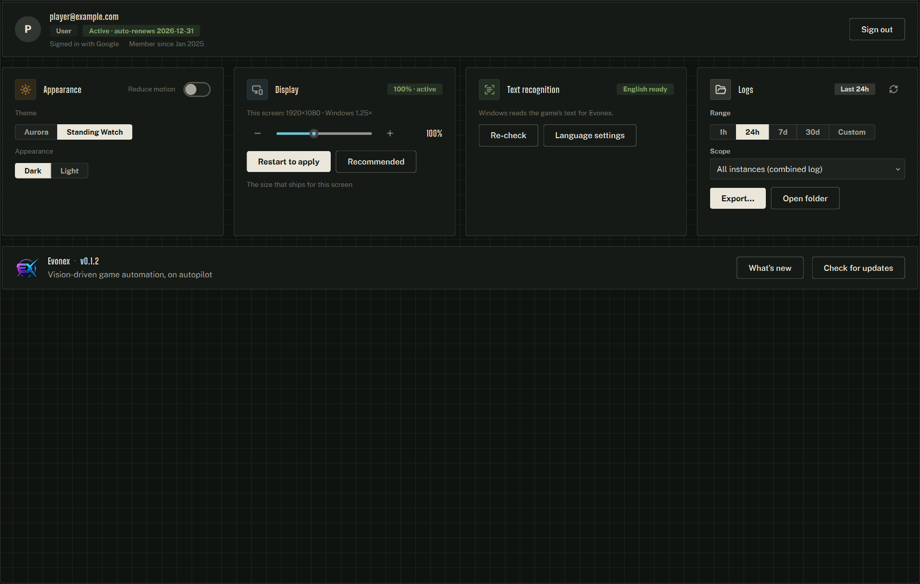 Settings — the Appearance card.