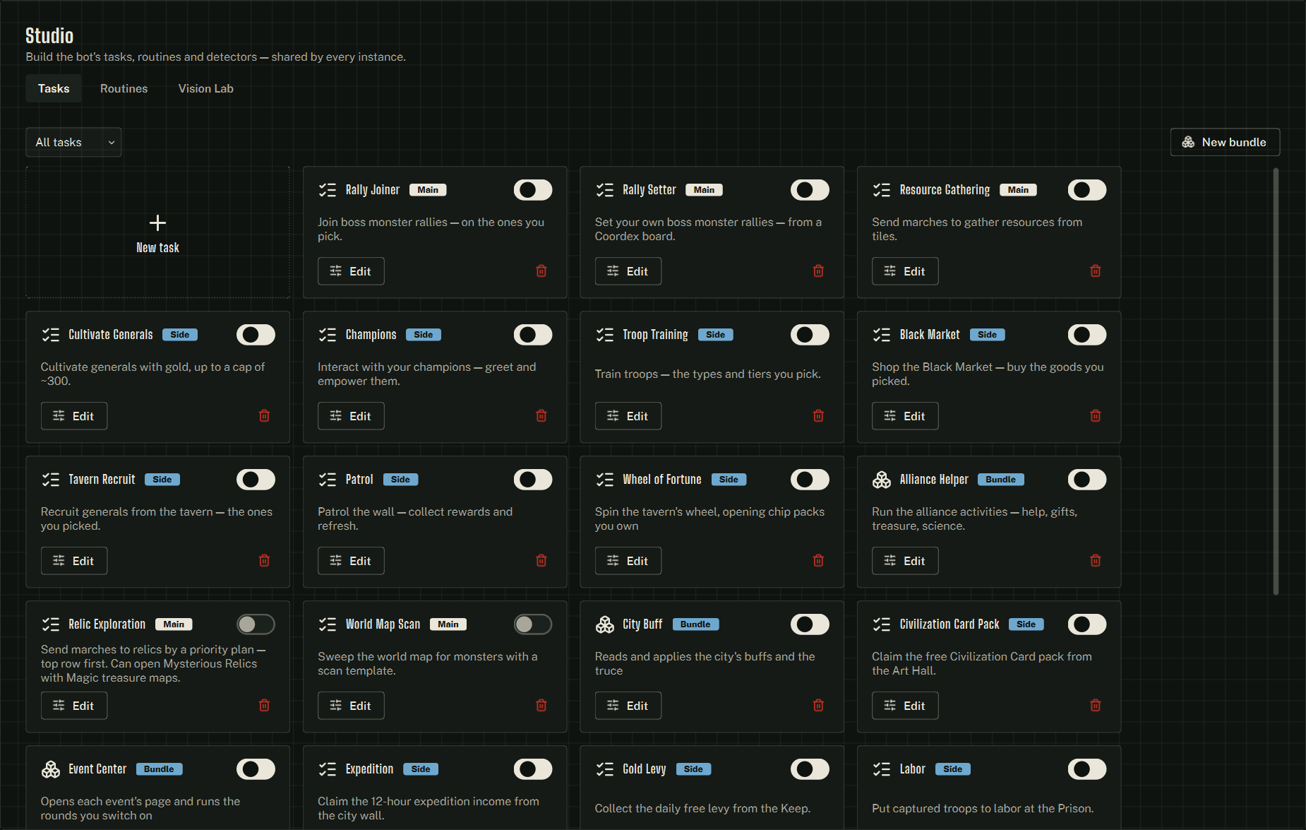 The Studio library, on the Tasks sub-tab.