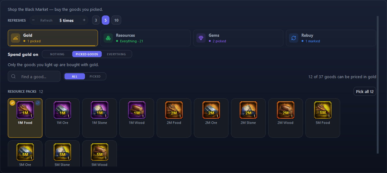 The Black Market form on Task setup. The Gold tab is open and set to Picked goods.
