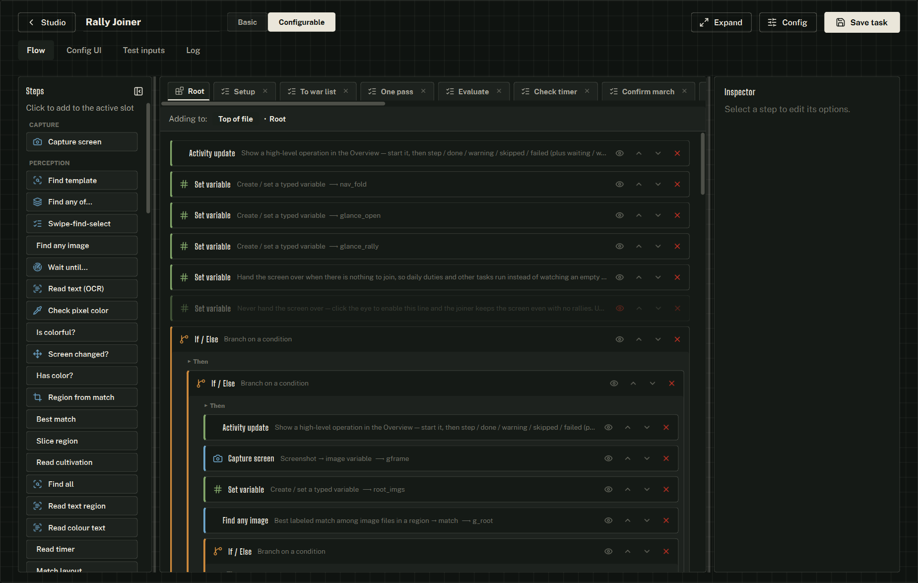 The Task Builder — step palette, flow stack and inspector.