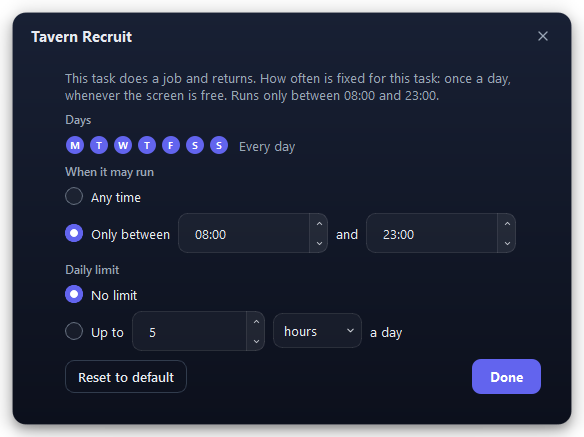 The settings window of the plan task Tavern Recruit.