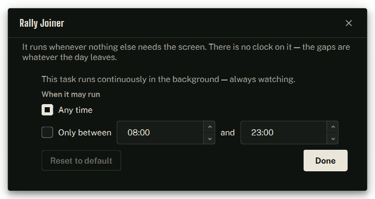 A task's Rhythm sheet — where it stands, then how it runs here.