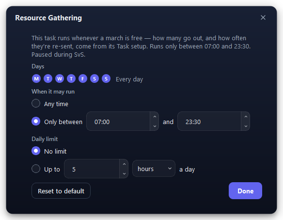 The Resource Gathering window: days, hours and a daily limit.