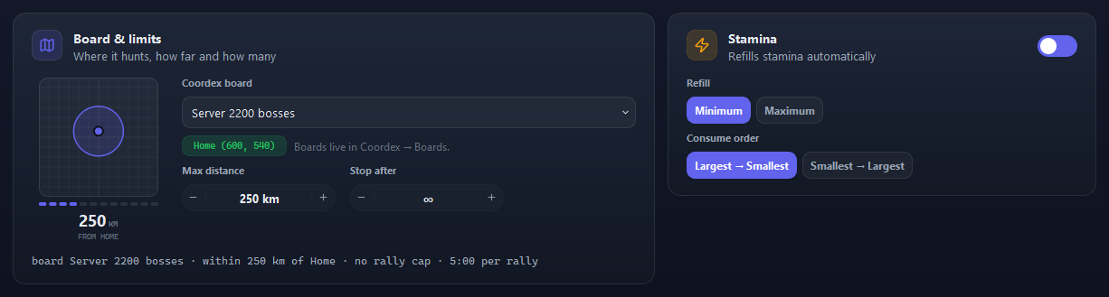 02 — HUNTING GROUND: Board & limits beside Stamina.