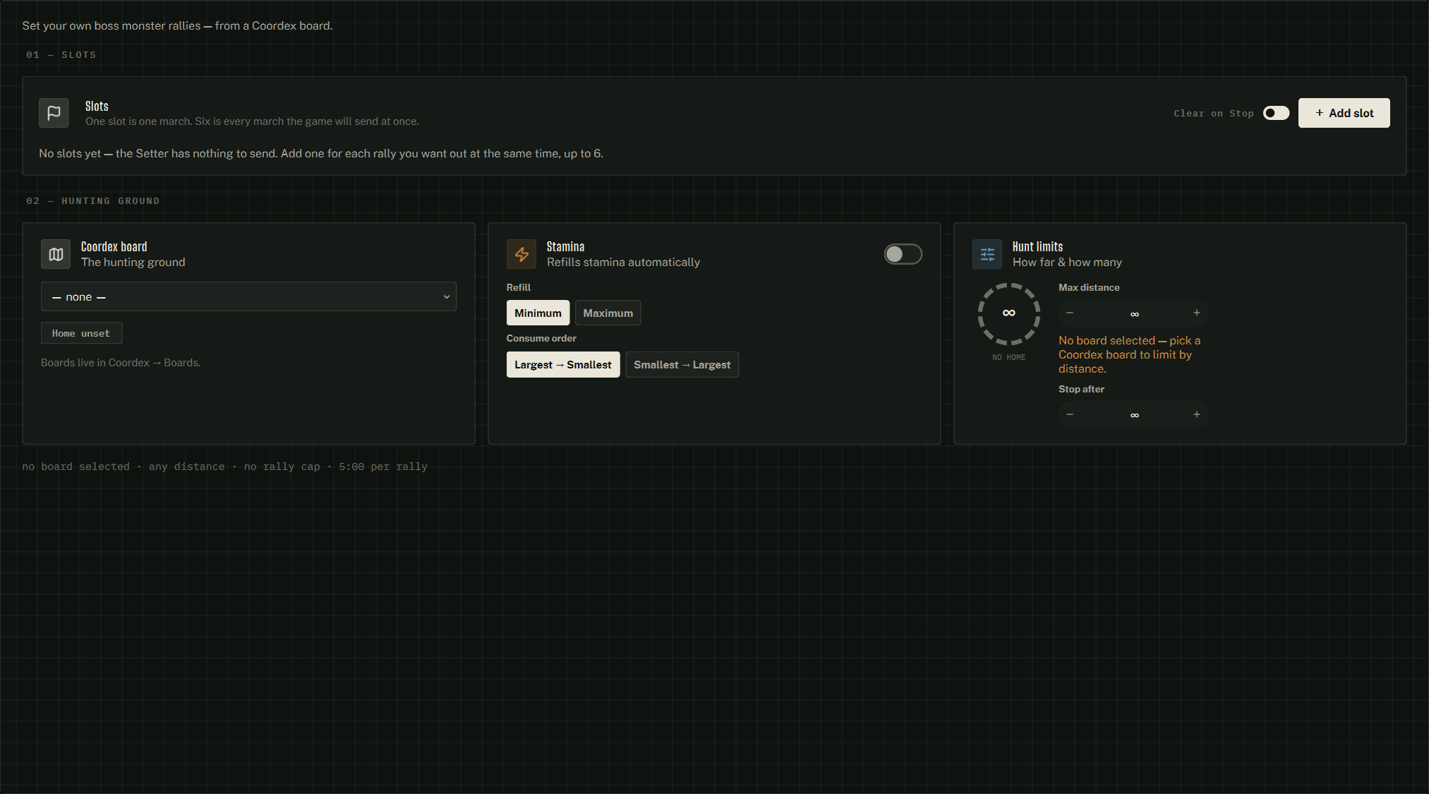 The Rally Setter settings form.