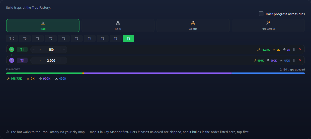 The Trap Building form on Task setup. Trap is the active kind, and two batches are queued.