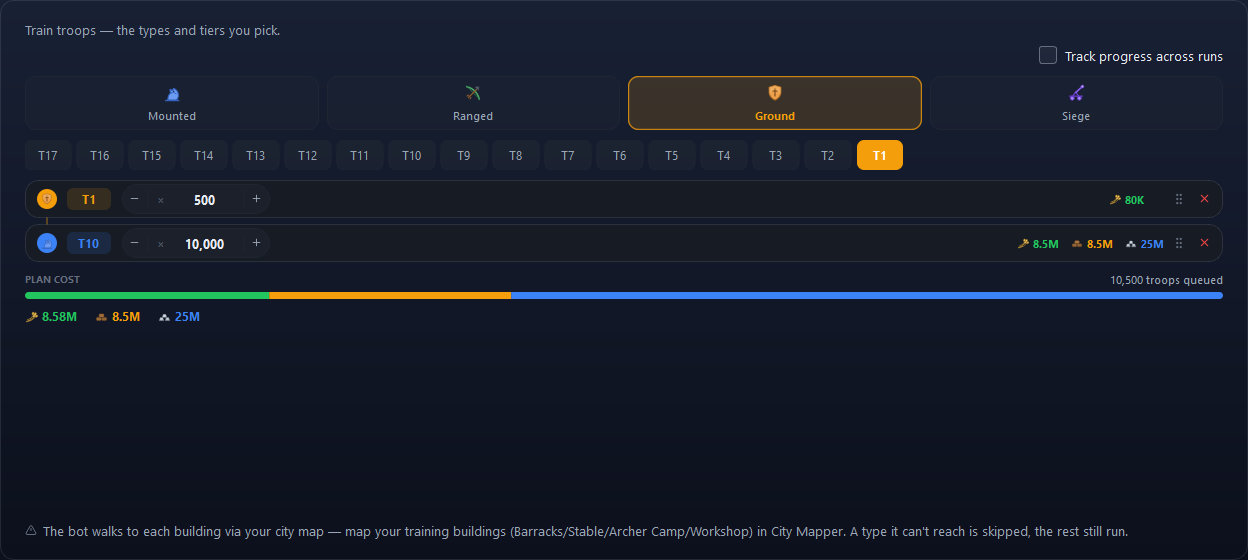 The Troop Training form on Task setup. Ground is the active type, and two batches are queued.