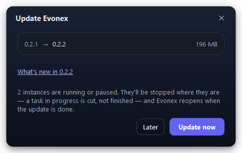 The Update Evonex window.