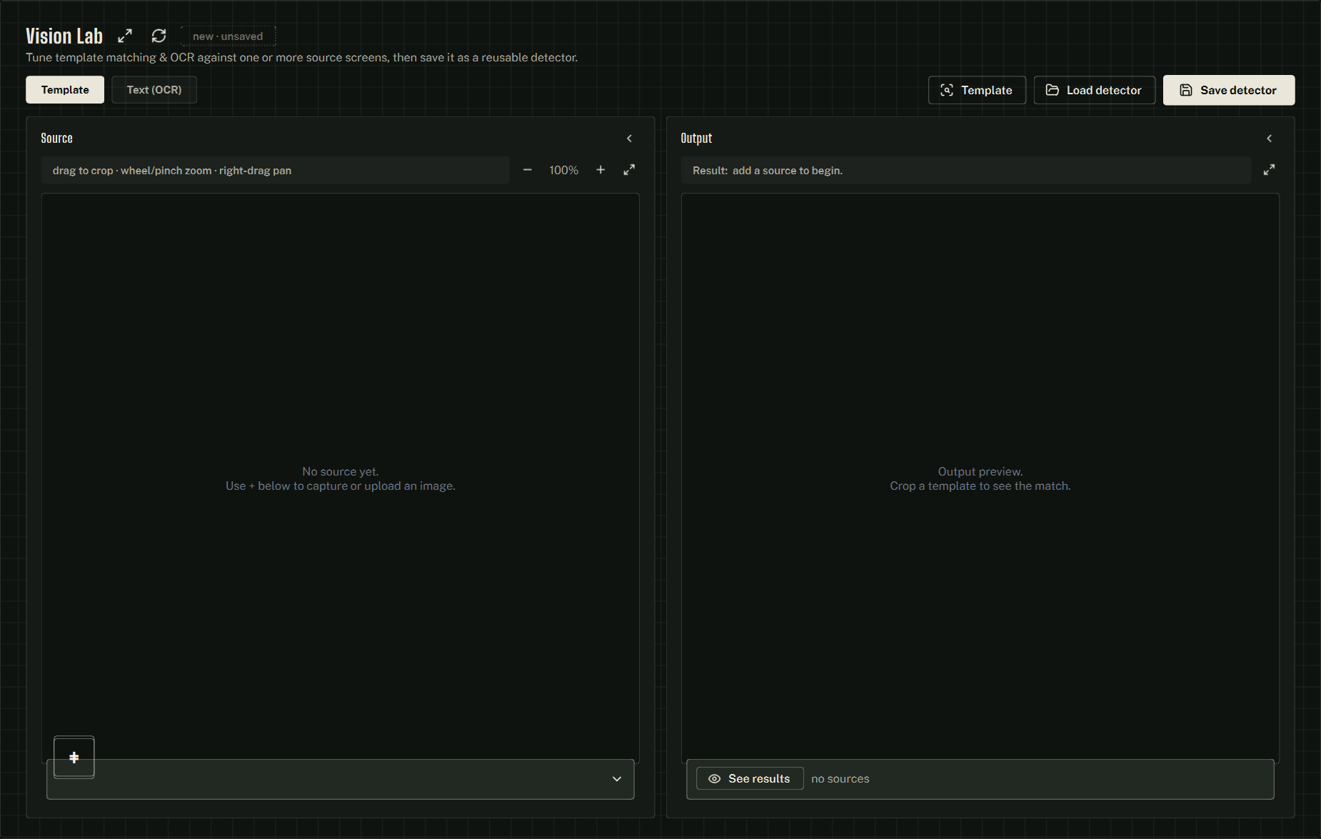 The Vision Lab — the Source and Output cards, toolbar above.