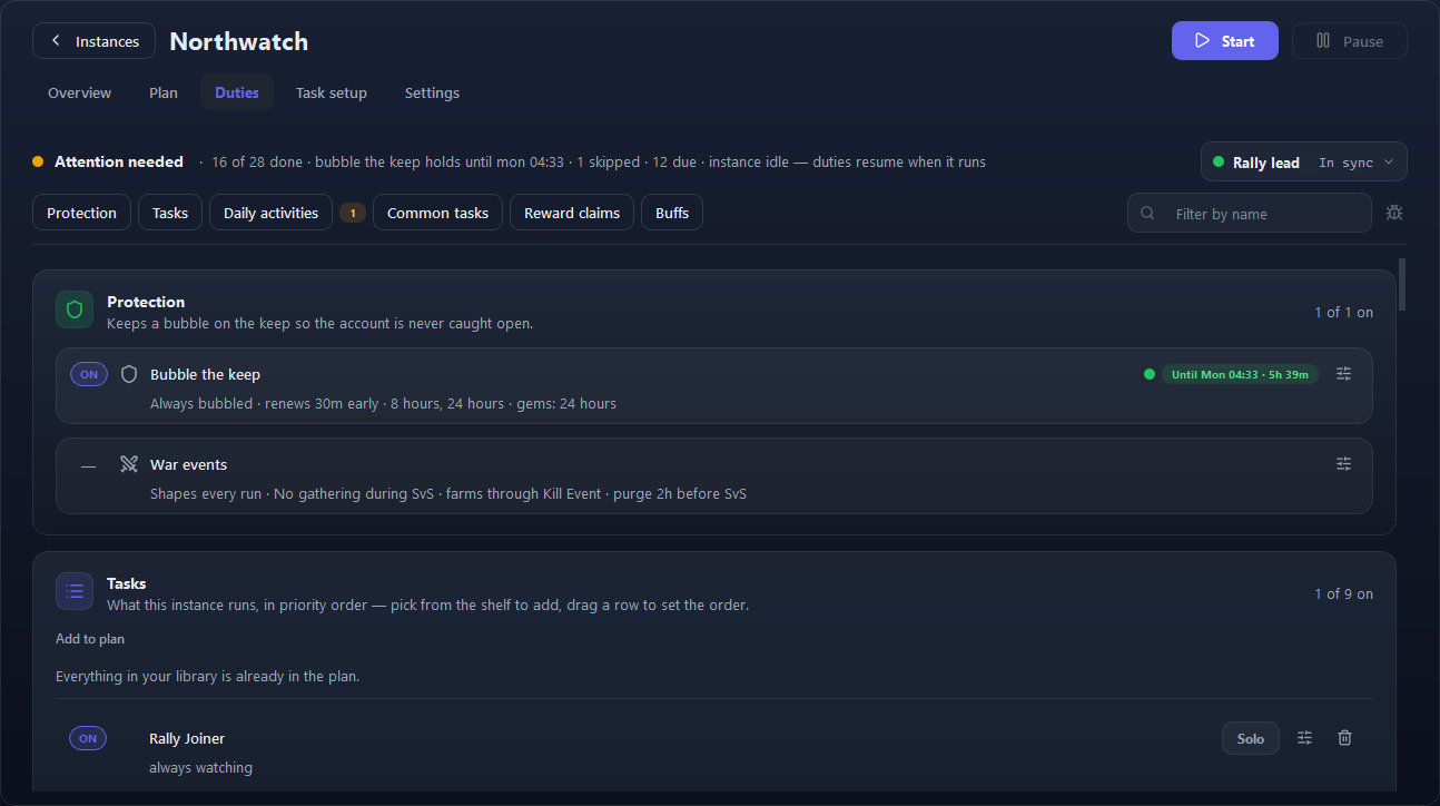 The Duties tab of Northwatch.