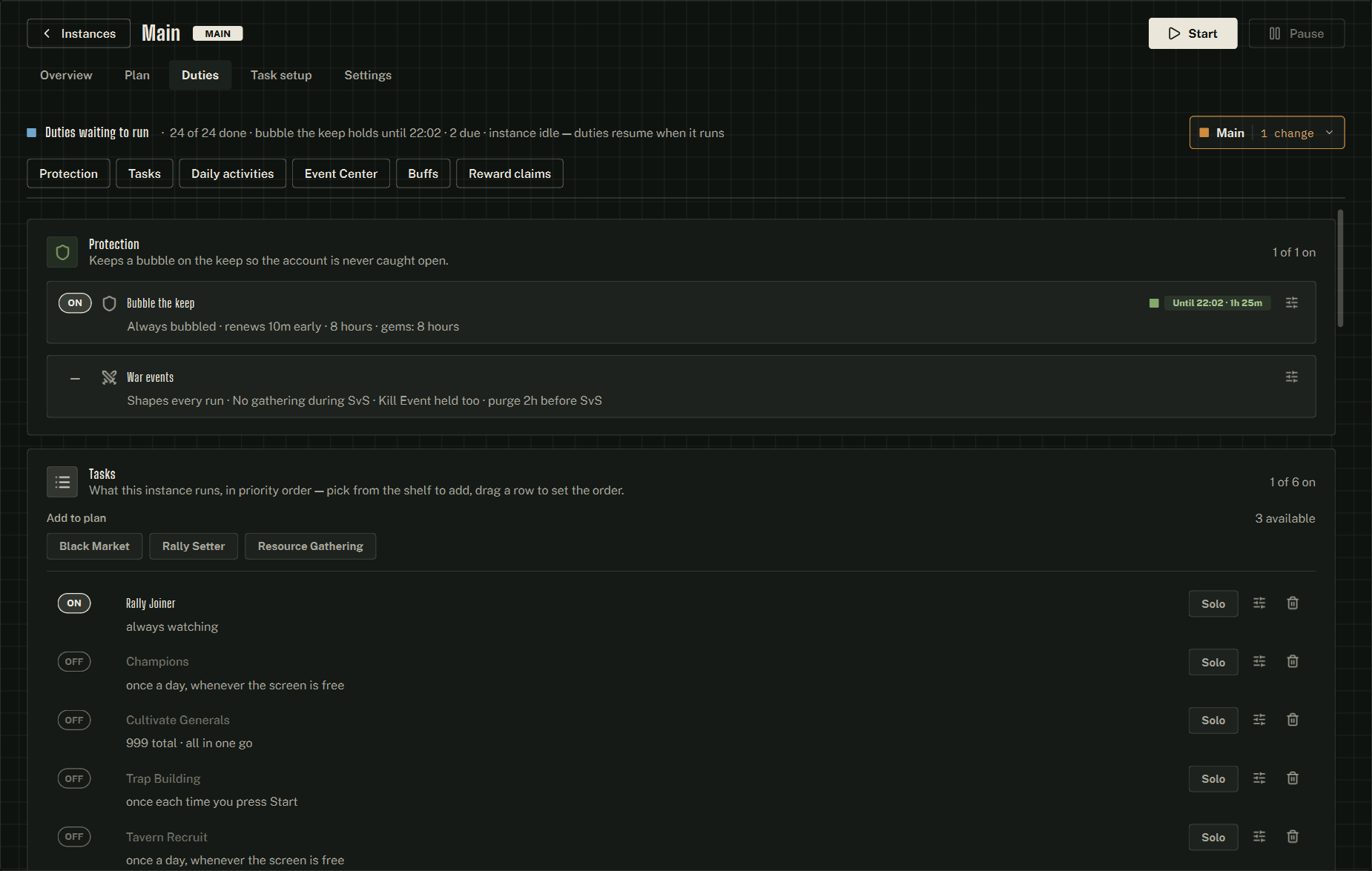 The Duties tab — the verdict line and jump rail on top, then one card per category.