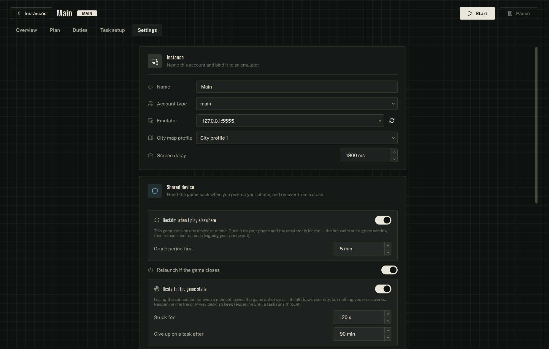 The instance Settings tab — Instance, Shared device, Rest breaks.