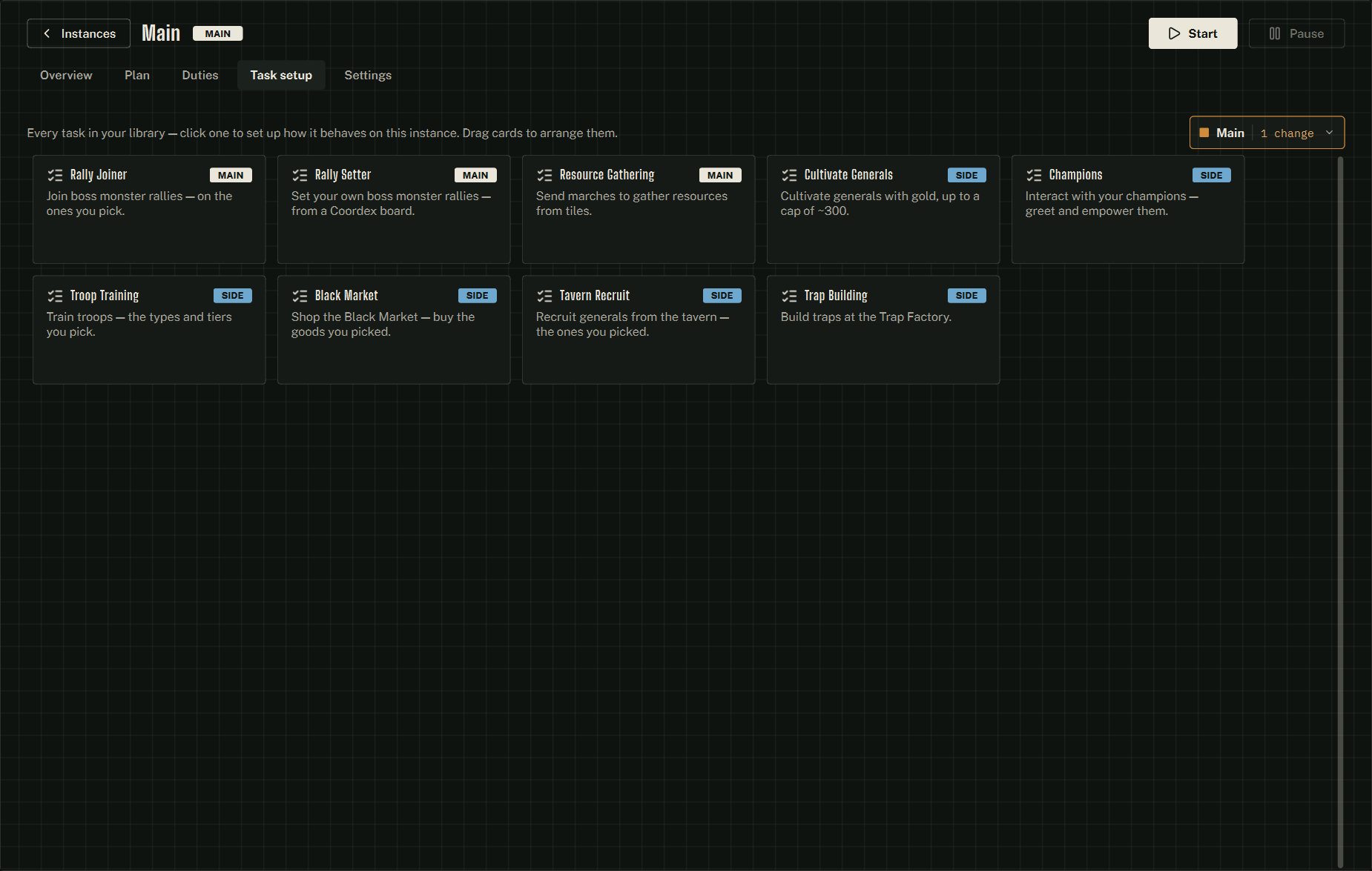 The Task setup grid — one card per task.
