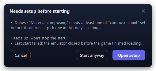 Needs setup before starting — what would stop a task, a duty or the whole instance.